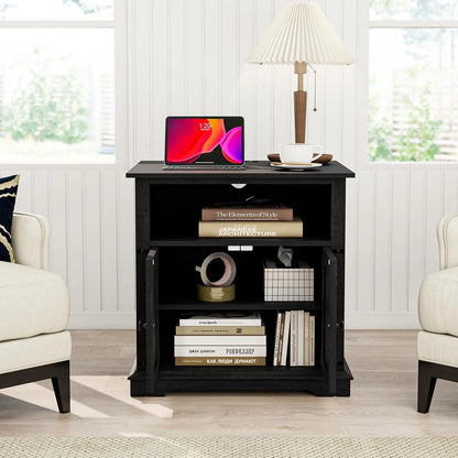 24" Farmhouse Style Side Table with Adjustable Storage Shelves and charging station