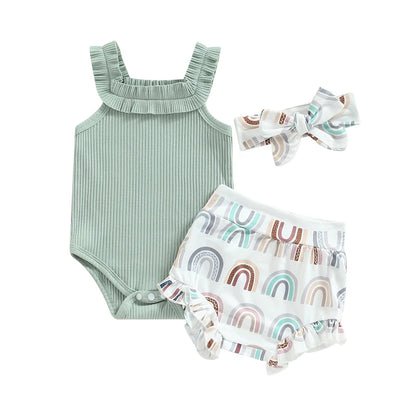 3-18M Baby Girls Shorts Set, Sleeveless Romper, Flower/Rainbow/Print Shorts, Hairband