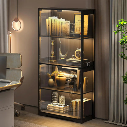 4-Tier Curio Cabinet with 3 Color Lights, Display Cabinet with Glass Doors,
