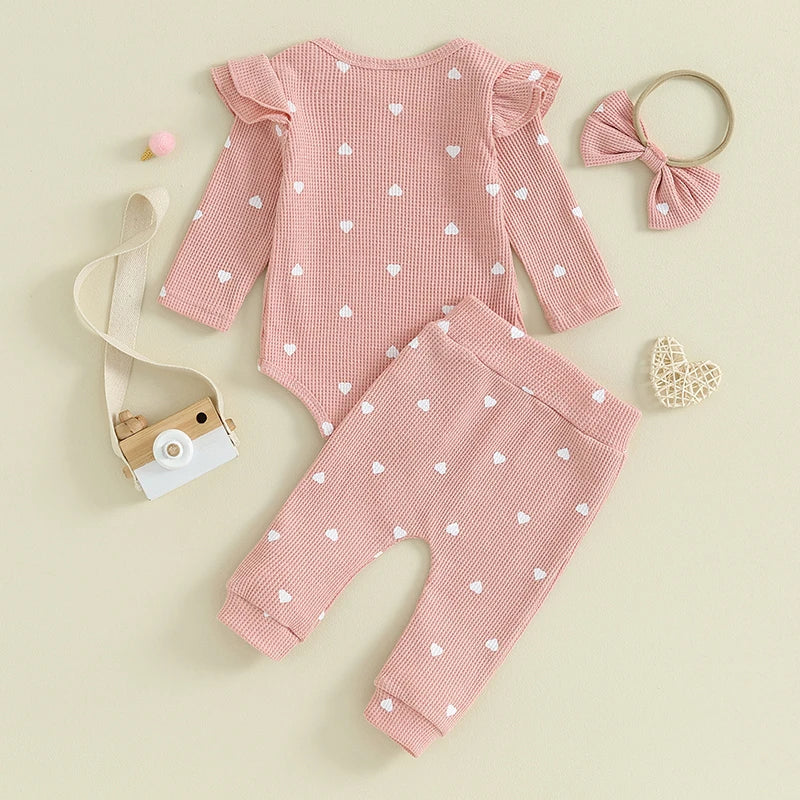 3-24MO Baby Girl Set Waffle Knit, Heart Long Sleeve Romper Pants Headband