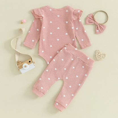 3-24MO Baby Girl Set Waffle Knit, Heart Long Sleeve Romper Pants Headband
