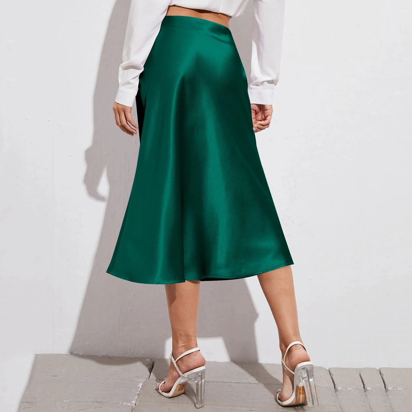 Womens Elegant Satin Skirt, High Waist, Midi Length, Satin Silk, Solid Color Office Work Skirts