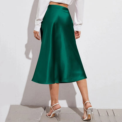 Womens Elegant Satin Skirt, High Waist, Midi Length, Satin Silk, Solid Color Office Work Skirts