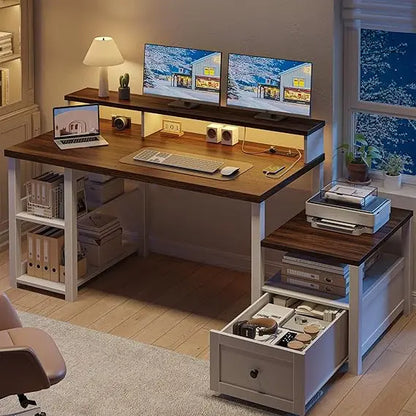 63" Farmhouse Style Computer Desk with Drawers and LED Lights, Storage Shelves and Power Outlets