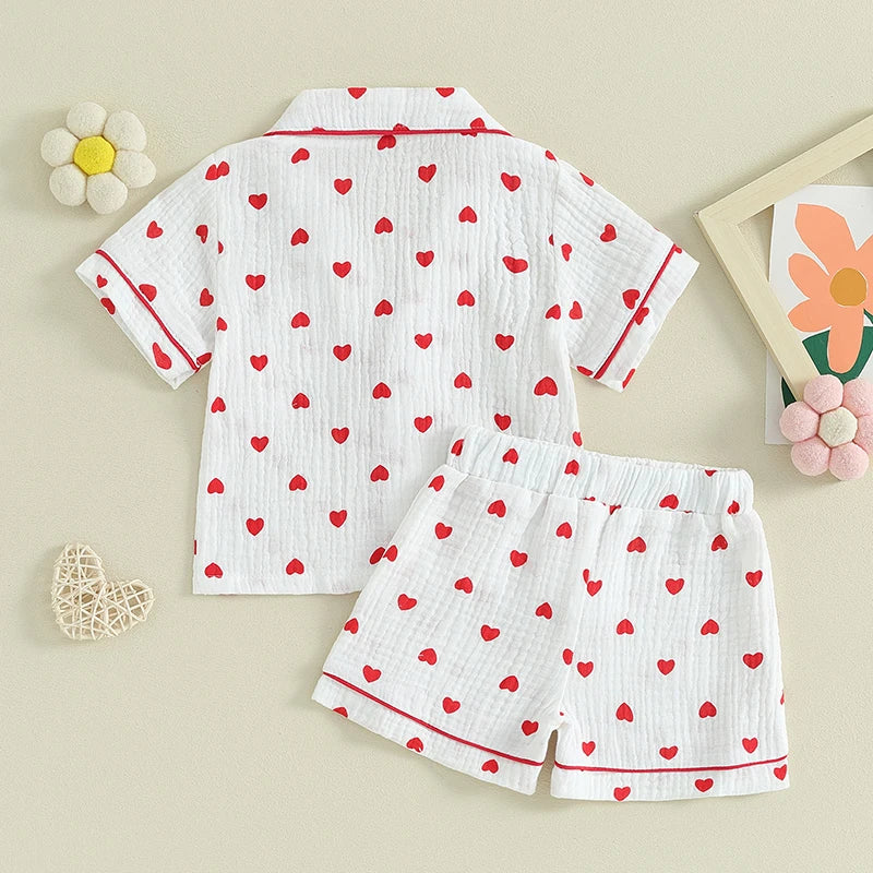 6MO-4T Girl Valentine‘s Day Heart Button Down Short Sleeve Sleepwear Loungewear Pjs Set