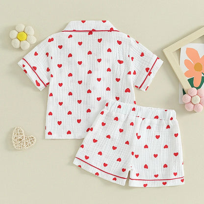 6MO-4T Girl Valentine‘s Day Heart Button Down Short Sleeve Sleepwear Loungewear Pjs Set