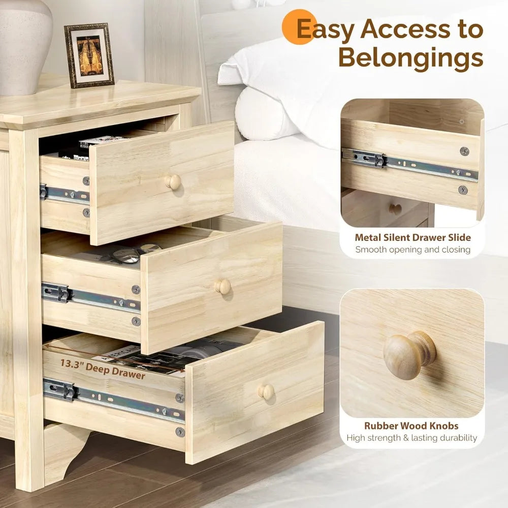 Set 2, 18.54" W Nightstand with Charging Station, 3 Drawer side stands,