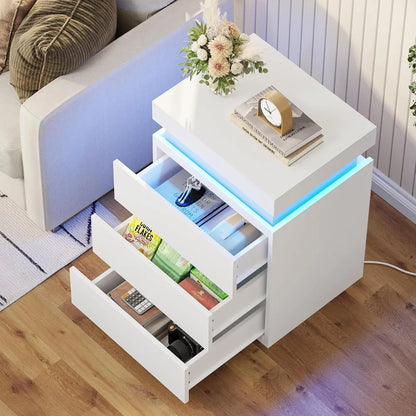 Side stand with Charging Station and LED Lights, Sliding Top, Drawers
