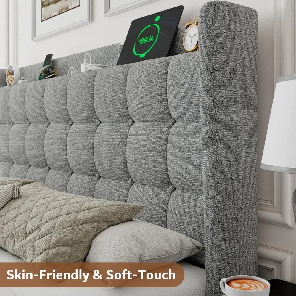 Queen Upholstered Bed Frame w/Charging & Storage, No Box Spring Needed