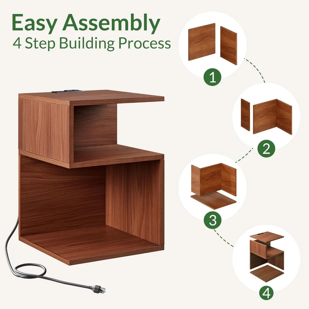 Set of 2 Side Tables with Charging Station, Storage, End Table with USB Ports