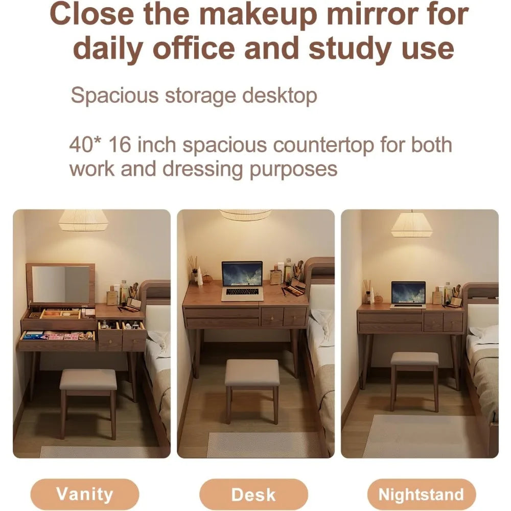 Wood Vanity/Desk with Mirror and Lights, Set 4 Drawers