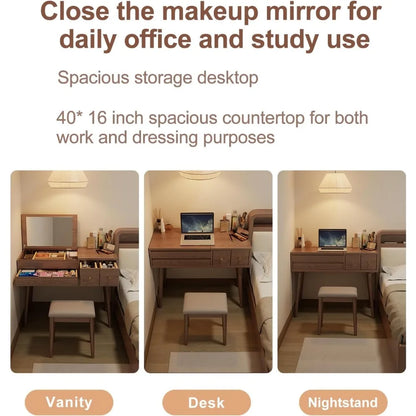 Wood Vanity/Desk with Mirror and Lights, Set 4 Drawers