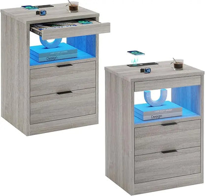 Set of 2 Night Stand with Wireless Charging Station and LED Lights with Pull-Out Shelves