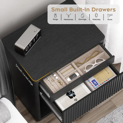 Set of 2, 22.8" W Nightstand  with Hidden Drawers and Open Shelves