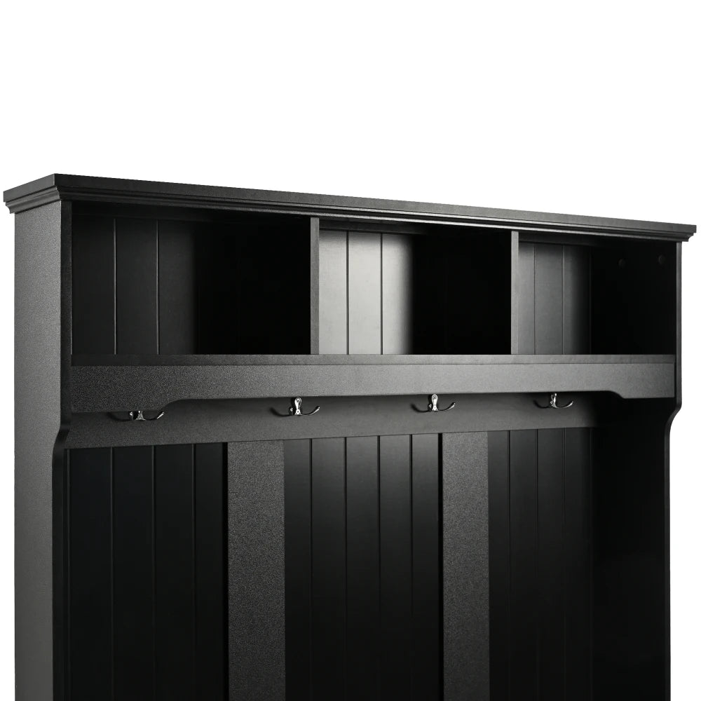 47.2'' Wide Hall Tree with Storage, 5-in-1 Entryway Bench with Shutter-shaped doors, Coat Rack, Cushion and 4 Sturdy Hooks