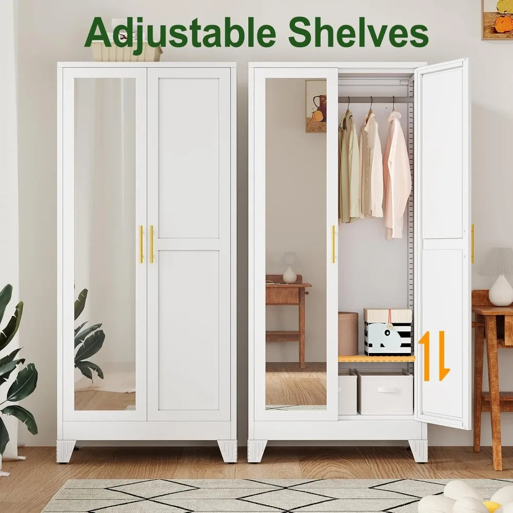 71"Metal Armoire Wardrobe w/2 Mirror Door, with Adjustable Shelves and Hanging Rod