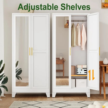 71"Metal Armoire Wardrobe w/2 Mirror Door, with Adjustable Shelves and Hanging Rod