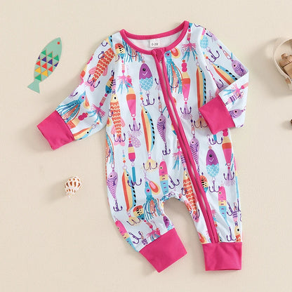 0-12MO Baby Boys Autumn Casual Romper, Long Sleeve Crew Neck, Fish Print, Oblique Zipper Jumpsuit