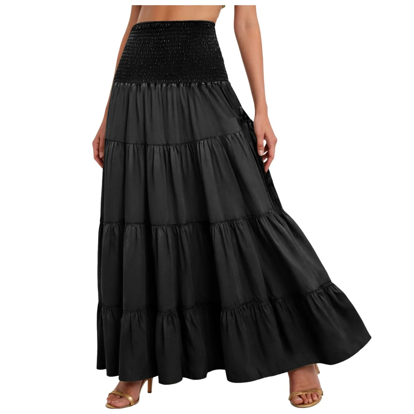 Boho Tiered A-Line Skirt, Pockets, Patchwork, Elastic Waist, Vintage Hippie/Gypsy Maxi Skirt