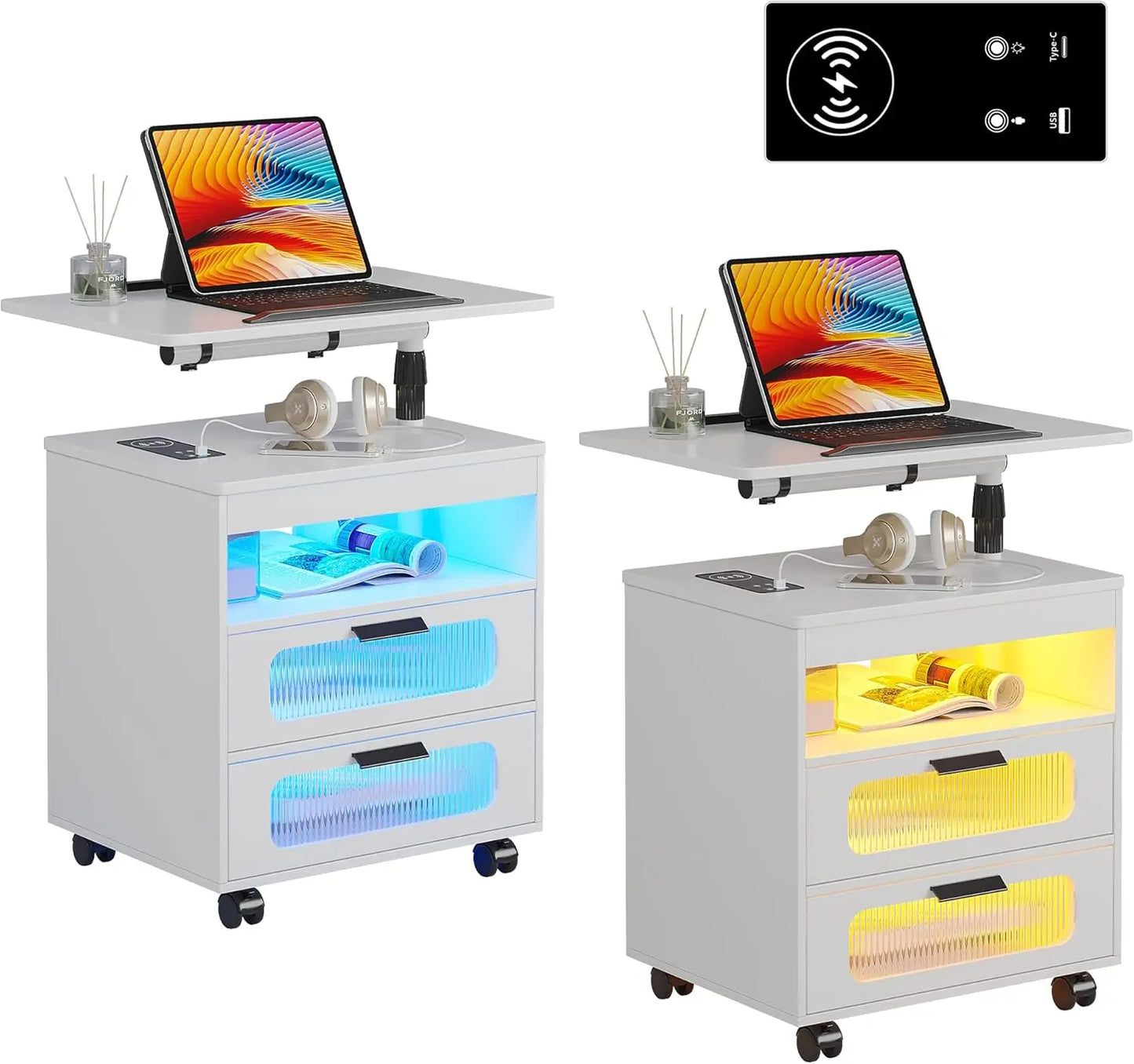 LED Nightstand Set of 2 with Wireless Charging Station, Smart Night Stand with Adjustable Rotary Table