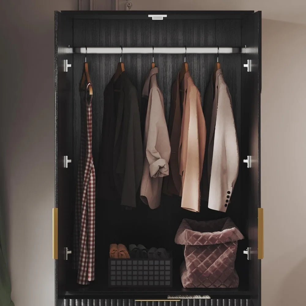 71.7" Wardrobe Armoire Wooden Closet with 2 Doors and 3 Drawers, with Hanging Rod Shelf, Large Capacity Storage