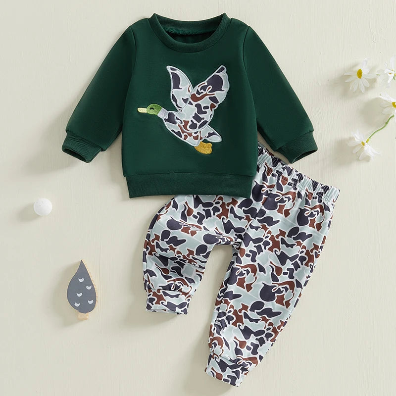 6MO-3T Spring Kids/Baby Boy Outfit Sets, Long Sleeve Duck Embroidery Pullover, Camouflage Pants