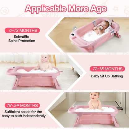 Baby Bath Tub with Soft Cushion & Thermometer, 0-36 Months,Portable Travel Baby Tub