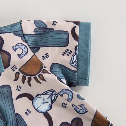 0-18 mo Infant Baby Boys Jumpsuit, Casual Head Print, Short Sleeve Romper