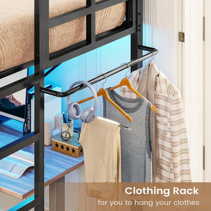 Twin Loft Bed with LED Lights, with Full-Length Guardrail, Clothes Rack