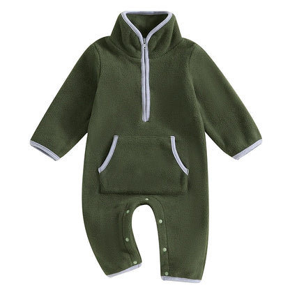 3-12M Autumn Winter Baby Boys Fleece Romper, Long Sleeve, Stand Collar, Pockets