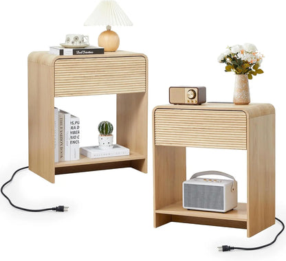 Set of 2, Nightstands  with Charging Station, Drawer Storage
