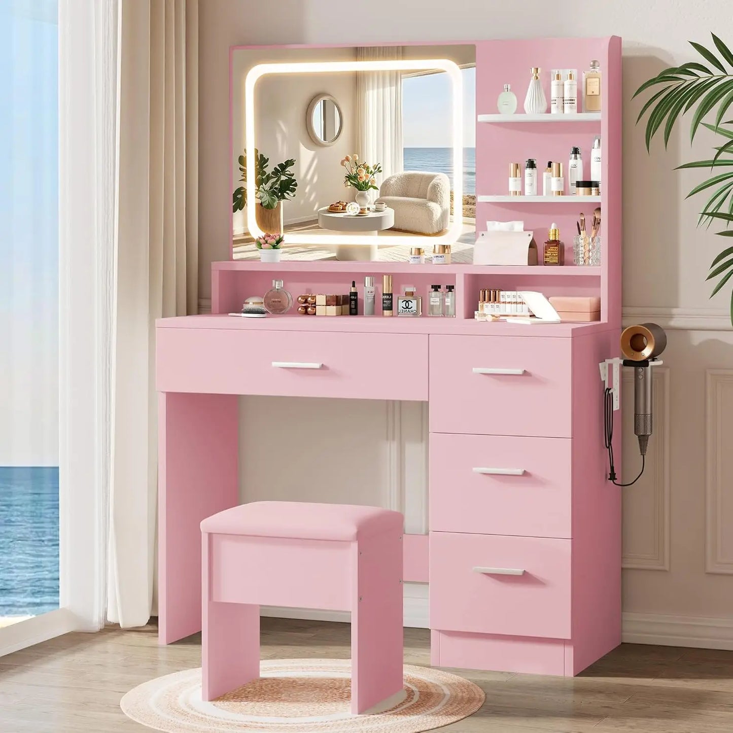 Makeup Vanity  35.4'Wx15.7'Dx53.9'H (Smart LED Mirror, Open Shelves, with Cushion Stool, 4 Drawers, Hairdryer Rack,
