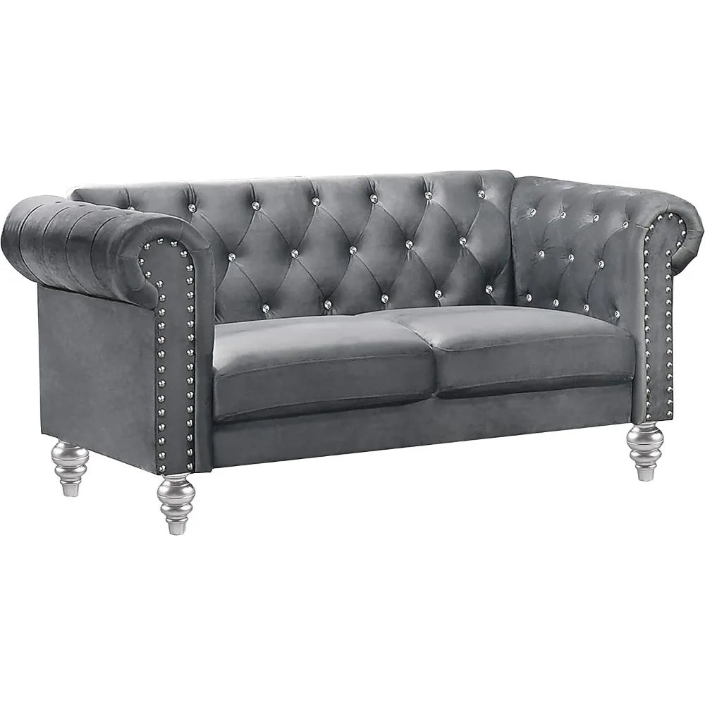 Glam Emma Velvet Two Seater Chesterfield Style Loveseat for Small Spaces with Crystal Button Tufts, Gray