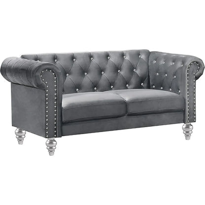 Glam Emma Velvet Two Seater Chesterfield Style Loveseat for Small Spaces with Crystal Button Tufts, Gray