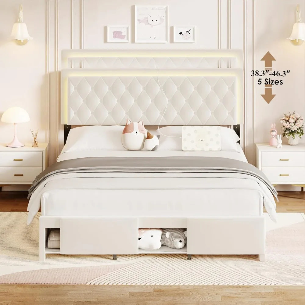 Queen Size Bed Frame with Storage, LED, Adjustable Headboard, Upholstered Velvet