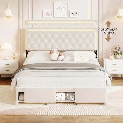 Queen Size Bed Frame with Storage, LED, Adjustable Headboard, Upholstered Velvet