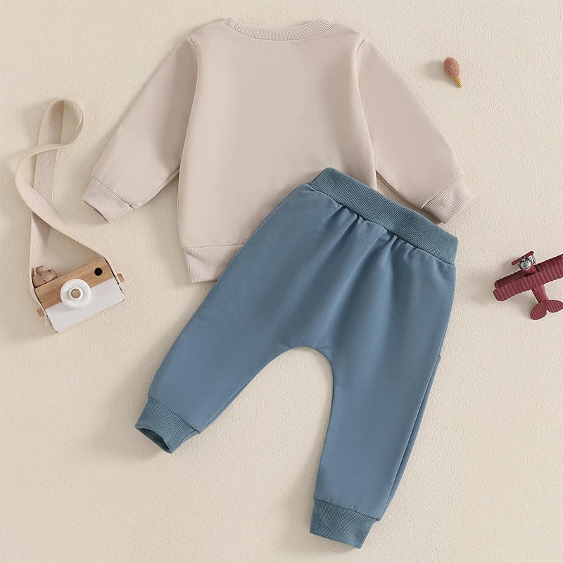 3-36 MO Boy Outfit, Tractor Embroidery Long Sleeve Sweatshirt with Solid Long Pants