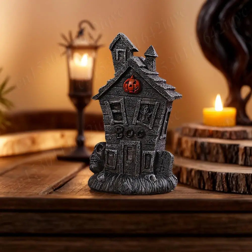Halloween Miniature Resin Statue Figurines, Pumpkin haunted house and skeleton tombstone