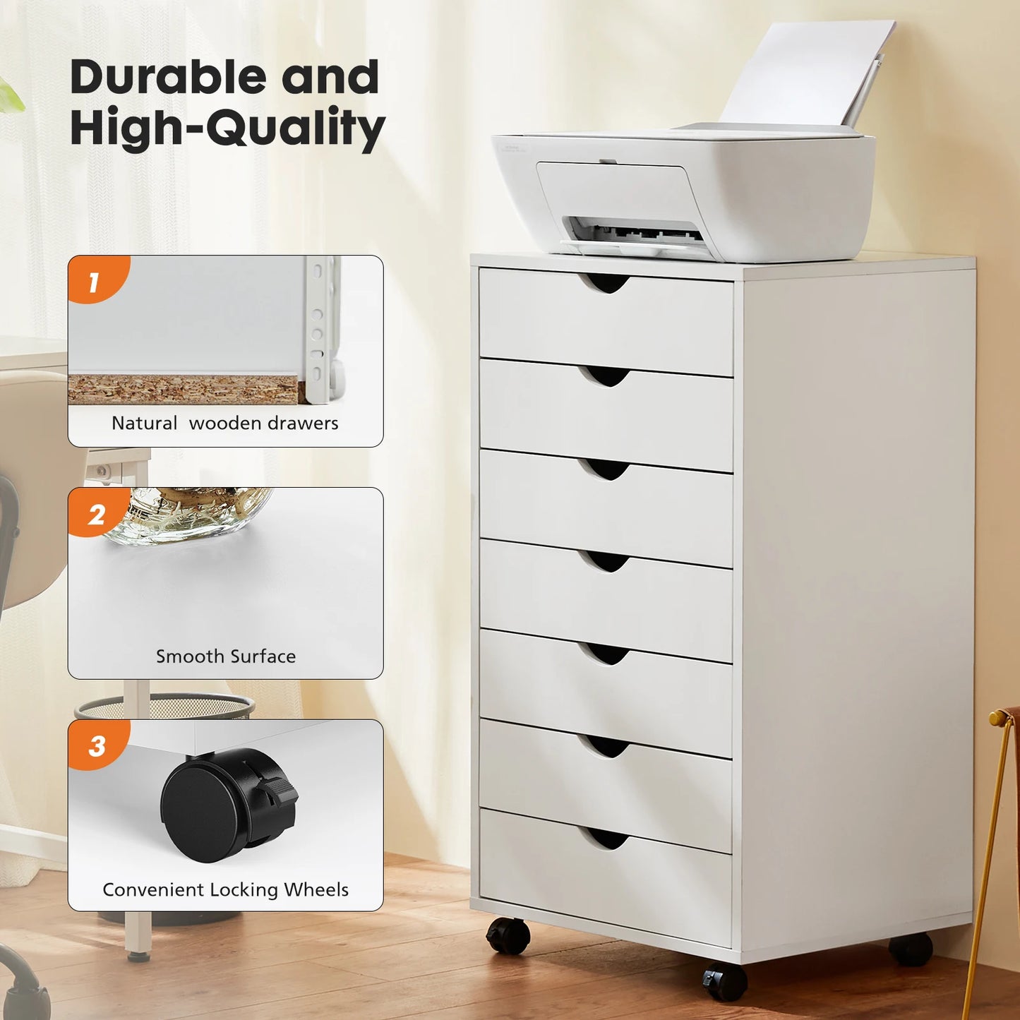 7 Drawer Chest Storage Cabinet, Wooden File Office, Mobile Cabinet on Wheels