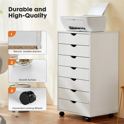 7 Drawer Chest Storage Cabinet, Wooden File Office, Mobile Cabinet on Wheels