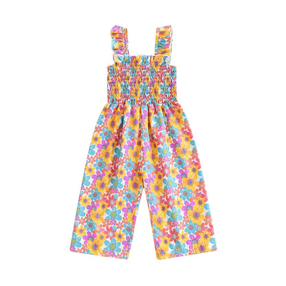 12MO-4T Lovely Baby Girls Summer Jumpsuit, Sleeveless Strap, Floral Print, Wide Leg Pants