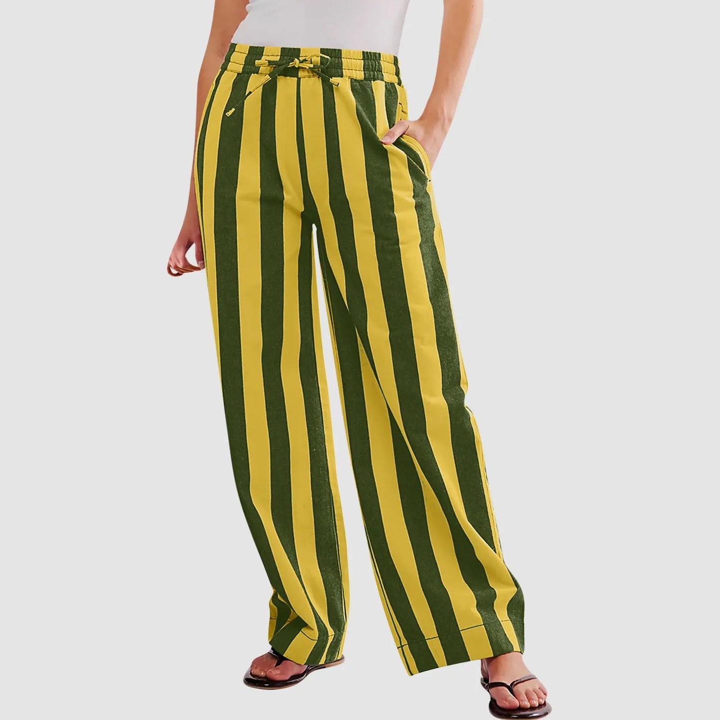 Women Casual Baggy Trousers, Striped Color Blocking, High Waist, Wide Leg, Pockets