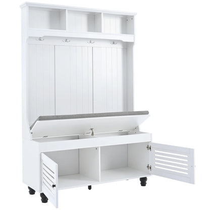47.2'' Wide Hall Tree with Storage, 5-in-1 Entryway Bench with Shutter-shaped doors, Coat Rack, Cushion and 4 Sturdy Hooks