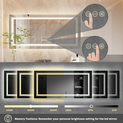 40x24 Inch LED AntiFog Mirror  with Front Light and Backlit in 3 Dimmable Colors