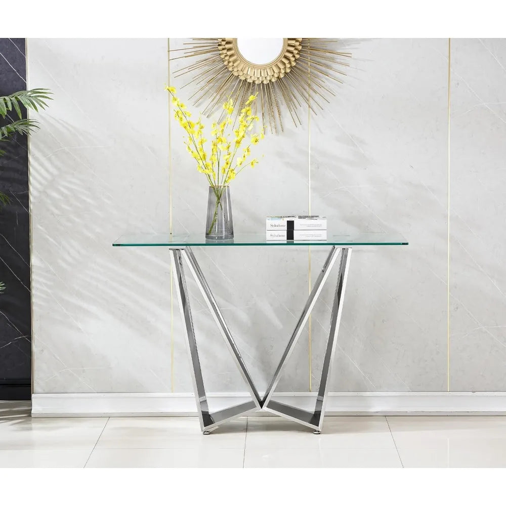 47 inch Glass Console Table with Stainless Steel Frame
