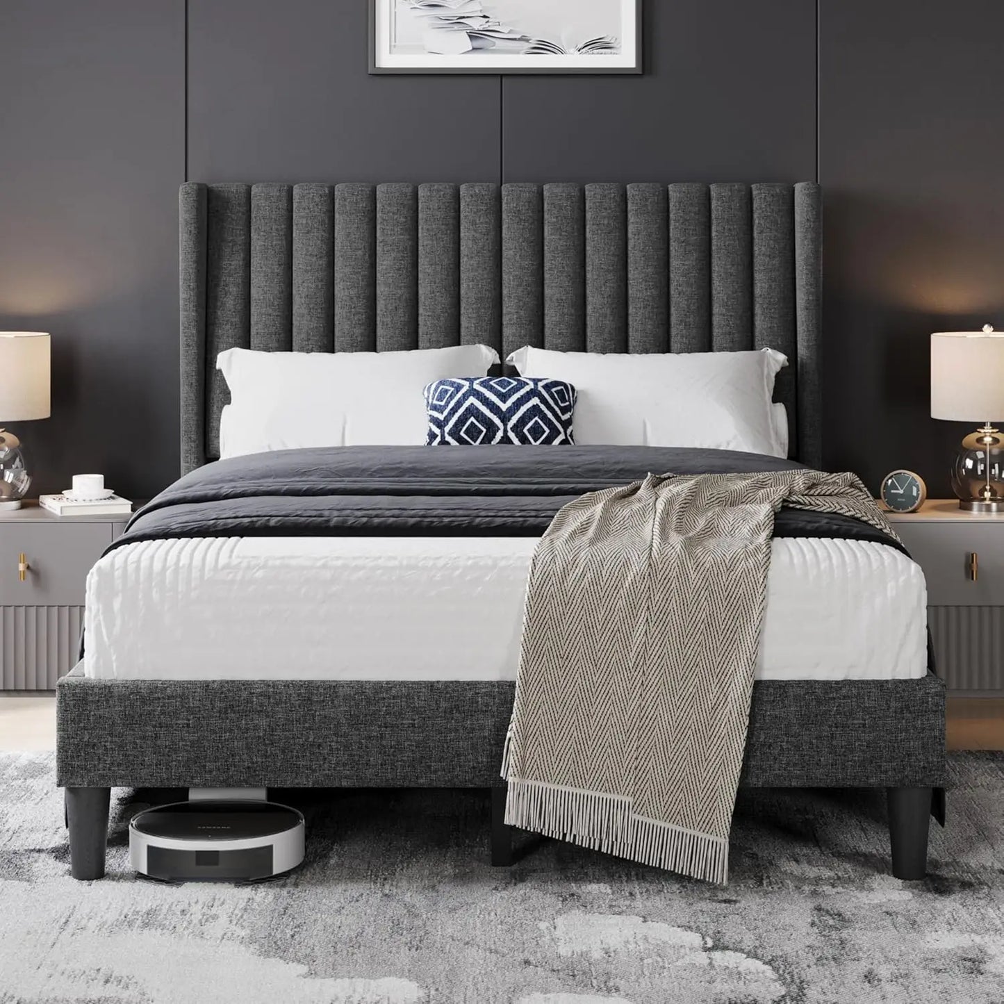 Upholstered Platform Bed - Fabric Headboard with Wing Edge Design | Wooden Slats Support, Non-Slip & Noise-Free