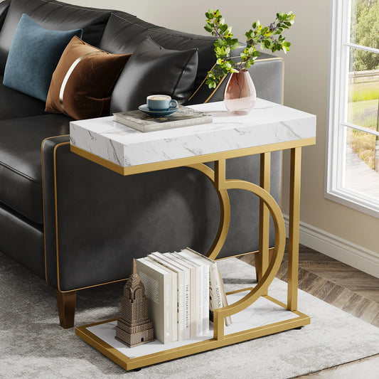 Narrow White Gold Side C Shaped End/Bedside Table