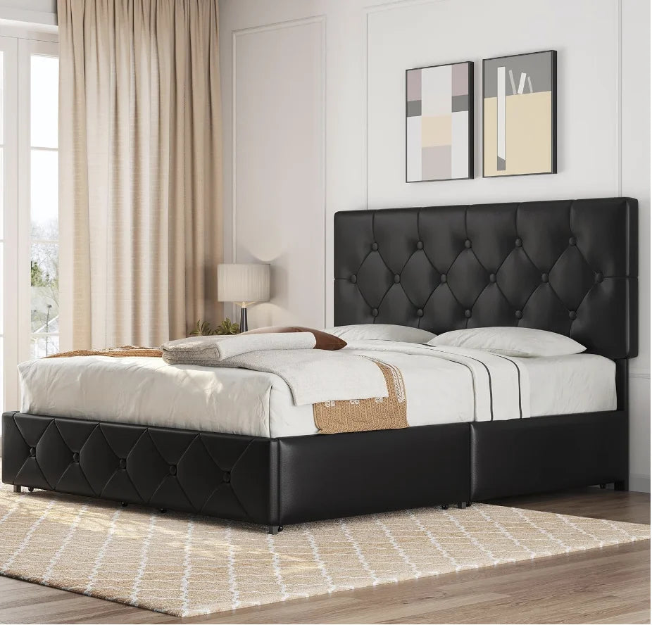 Faux Leather Queen Size Upholstered Bed Frame with 4 Drawers and Adjustable Headboard
