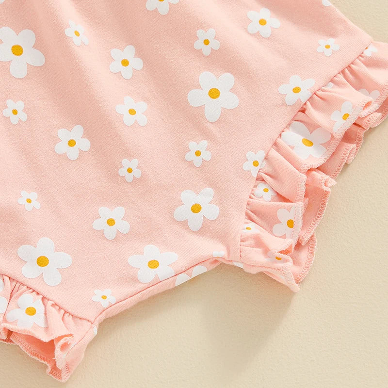 3Pcs  0-18 mo Baby Girl Outfit,  Daddy’s Girl, Short Sleeve Romper, Flower Ruffle Shorts, Headband