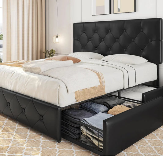 Faux Leather Queen Size Upholstered Bed Frame with 4 Drawers and Adjustable Headboard